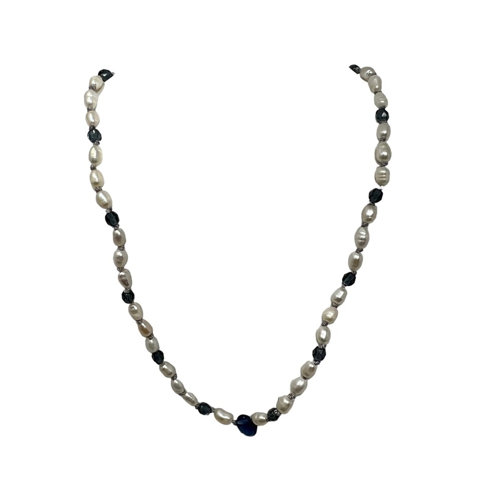 Faux Fresh Water Pearl Necklace with Blue Beaded Stations Silver‎ Tone